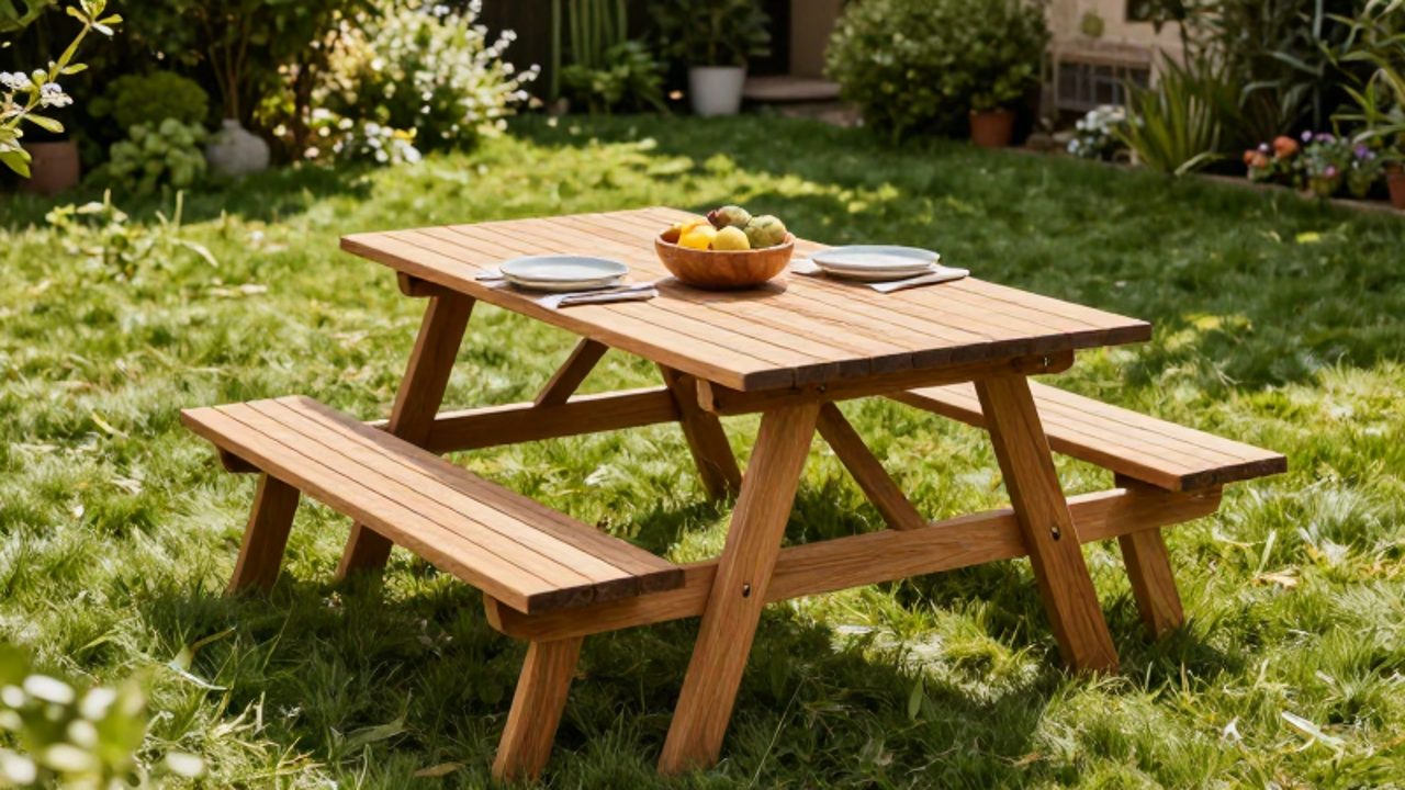 Mesa de picnic plegable de madera de teca con platos y fruta sobre un césped en un jardín soleado.