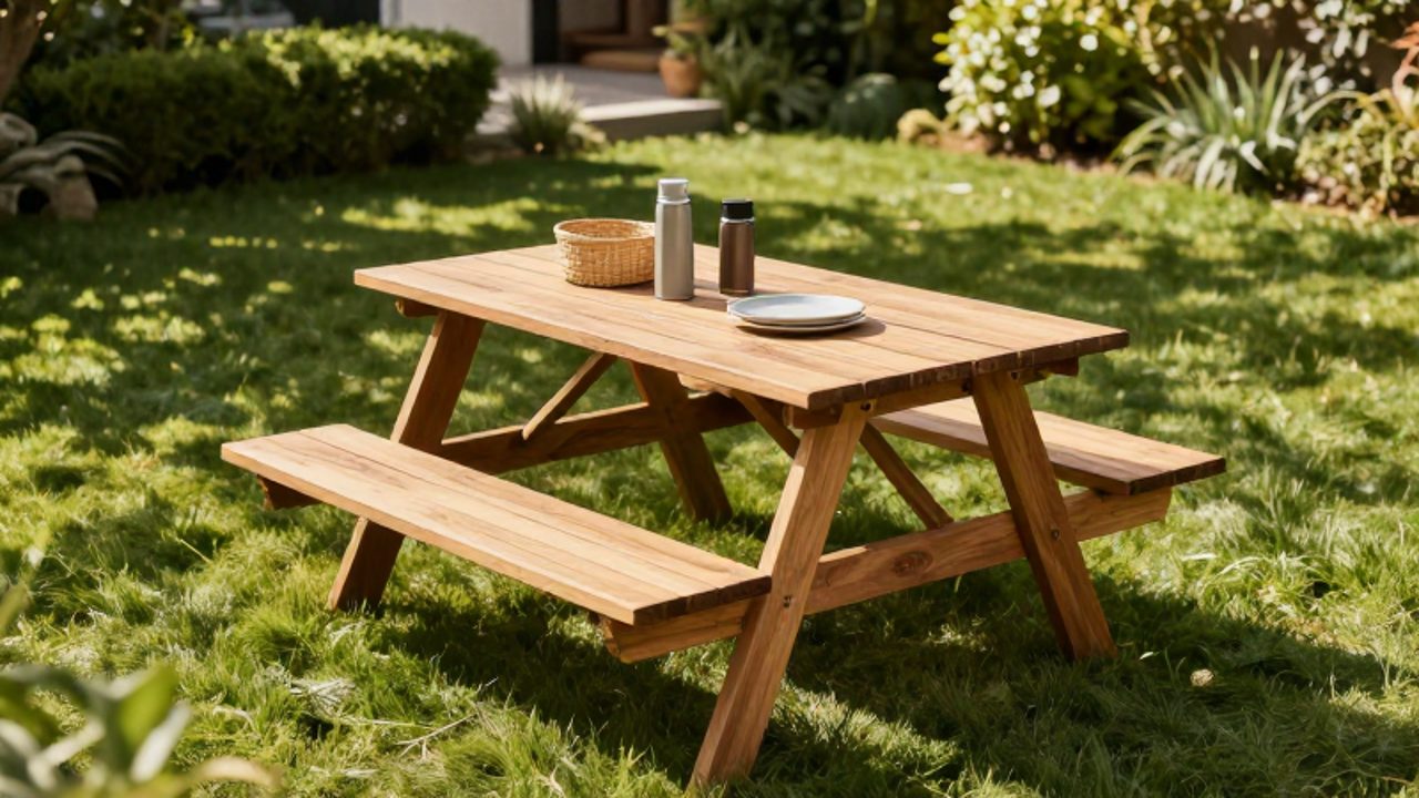 Mesa de picnic de madera plegable con bancos integrados, preparada con algunos accesorios sobre el césped de un jardín soleado.
