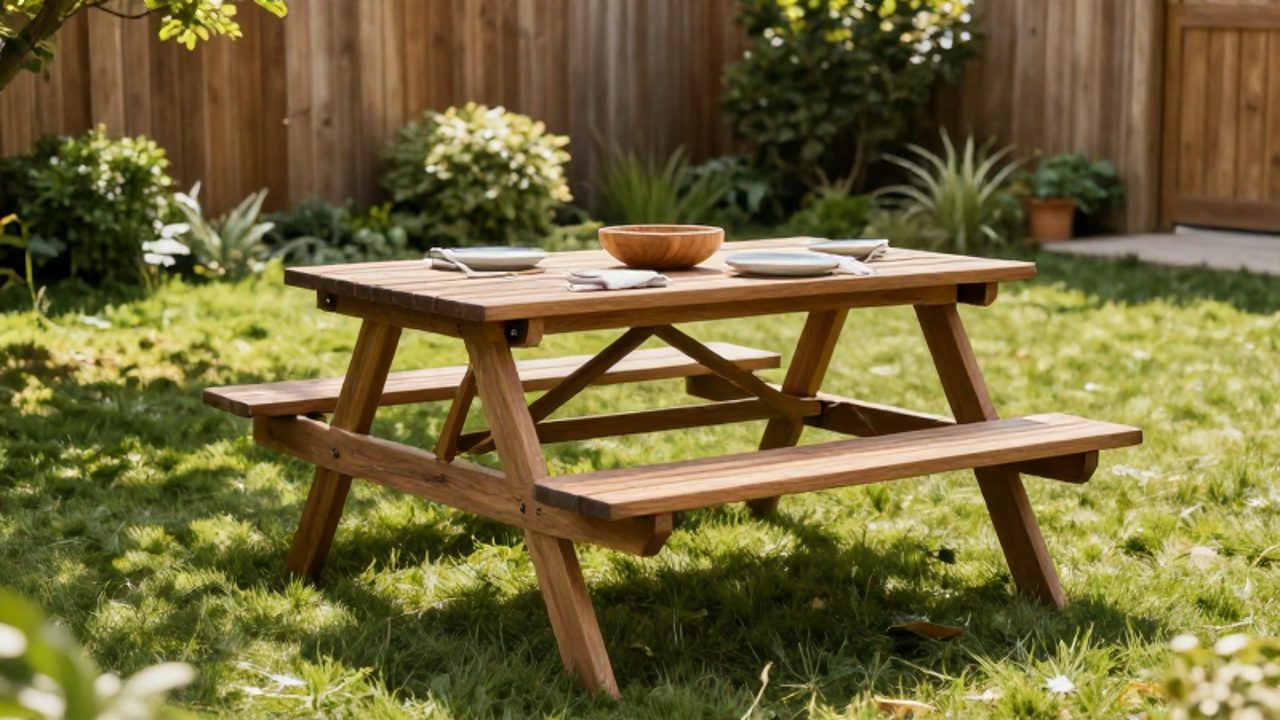 Mesa de picnic plegable de madera con bancos integrados, dispuesta con vajilla sencilla sobre un jardín soleado.