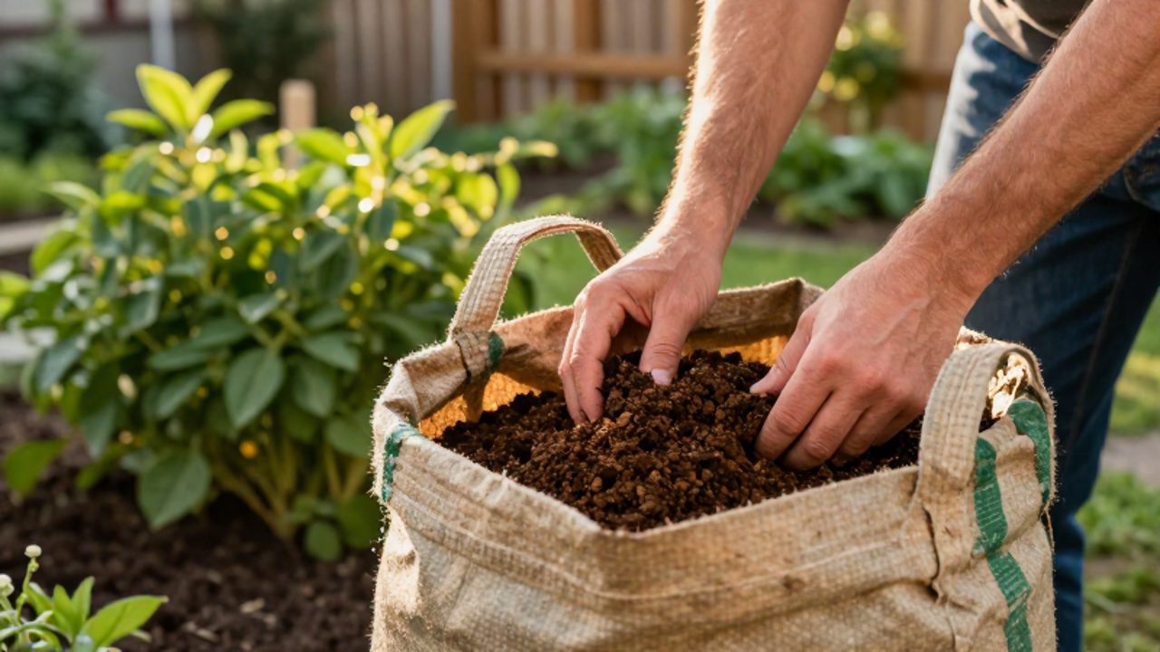 Manos de un jardinero llenando con compost orgánico un saco de jardín de polipropileno resistente en un patio soleado.