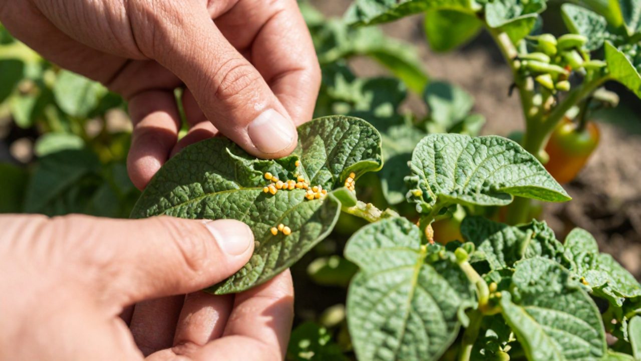 Manos de un jardinero inspeccionando el envés de una hoja de patata para localizar un grupo de huevos amarillos del escarabajo de la patata.