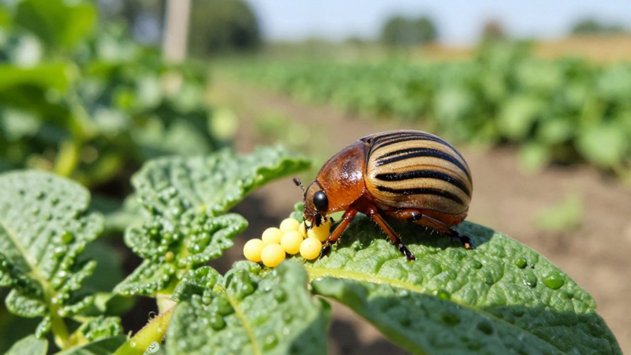 Larva de escarabajo de la patata con rayas negras junto a pequeños huevos amarillos sobre el envés de una hoja de planta de patata.
