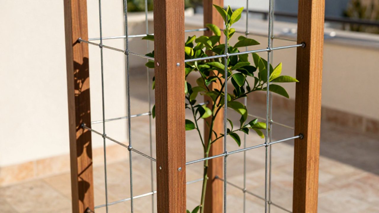 Estructura de madera y cables metálicos instalada en un patio para guiar el crecimiento de un pequeño mandarino.