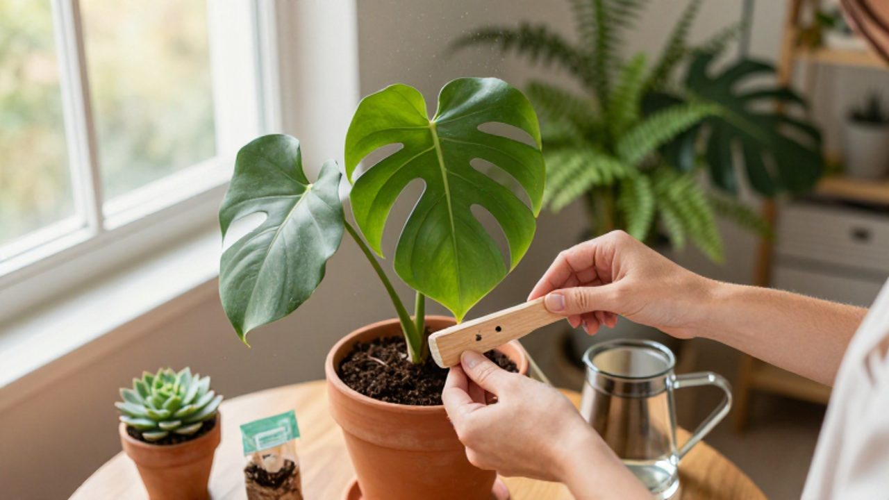 Unas manos miden la humedad de la tierra de una planta Monstera con un medidor de madera en una sala iluminada por el sol.