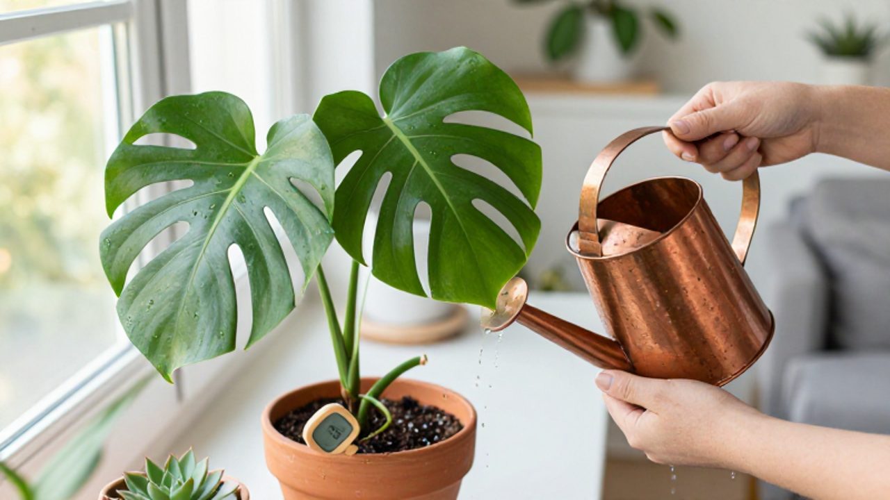 Manos regando una planta Monstera en una maceta de terracota con una regadera de cobre cerca de una ventana iluminada.