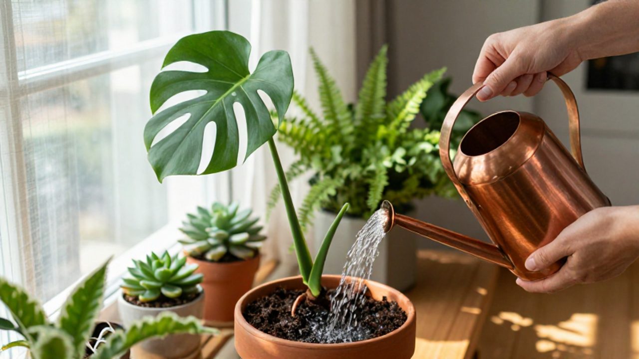 Manos regando con una regadera de cobre la tierra de una Monstera deliciosa en una maceta de terracota.