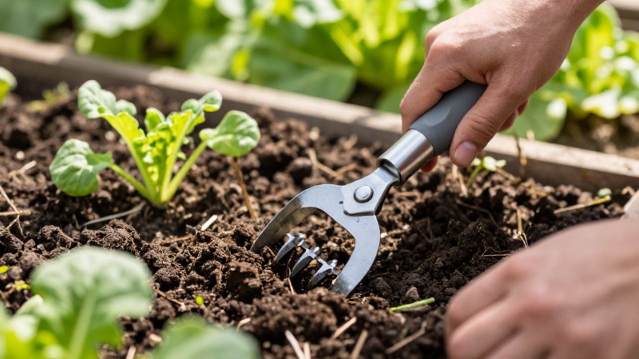 Manos utilizando una herramienta de acero ergonómica para extraer una mala hierba de un huerto con tierra húmeda.