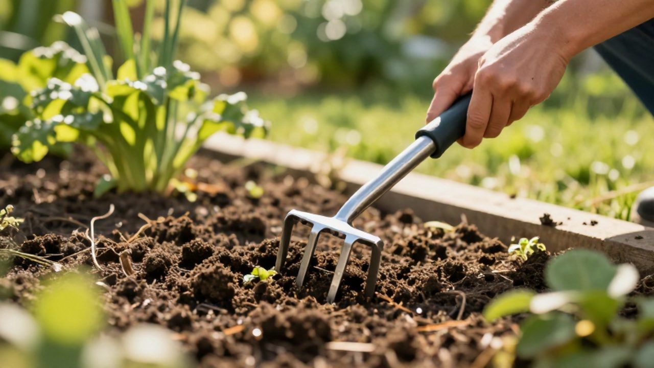 Manos de un jardinero utilizando una herramienta ergonómica para extraer una mala hierba de un lecho de tierra en un jardín.