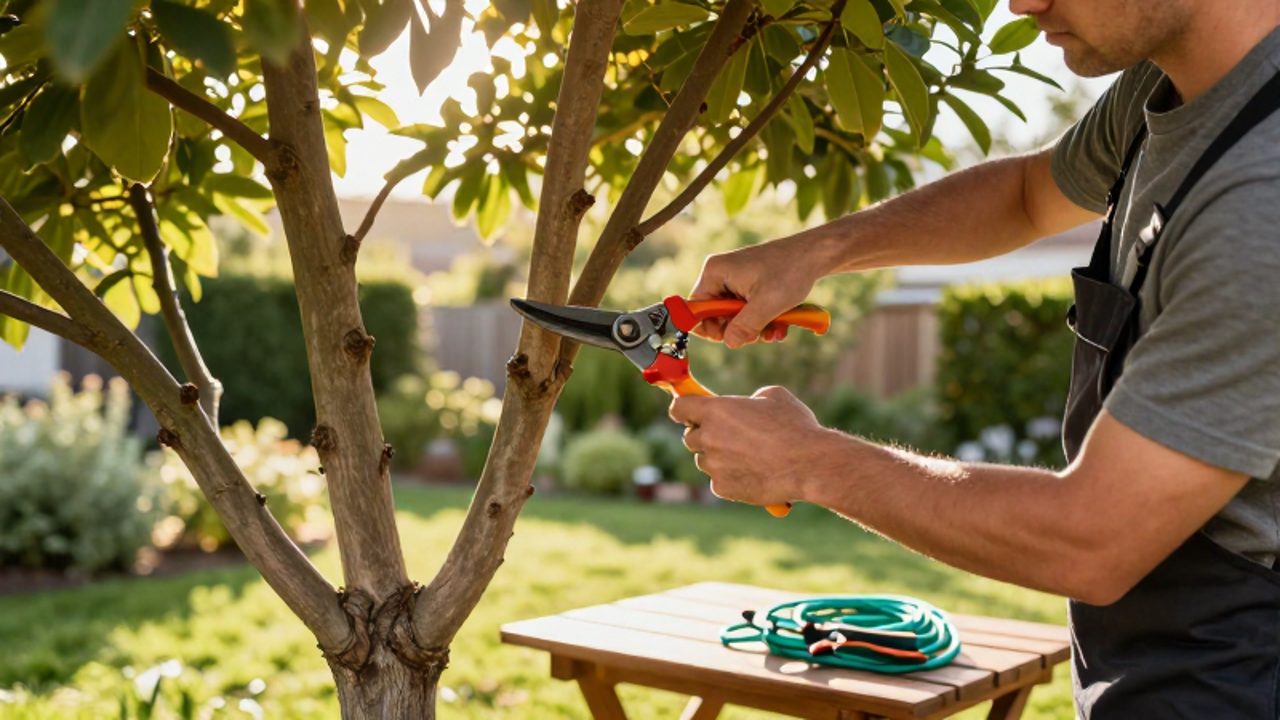 Un jardinero realiza una poda de precisión en la rama de un gran árbol de sombra en un jardín residencial soleado.