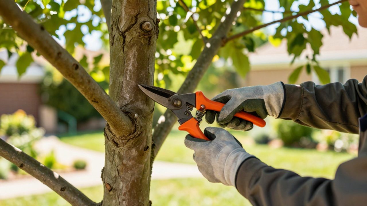 Un jardinero realiza una poda selectiva en la rama de un árbol de sombra utilizando unas tijeras de podar profesionales.