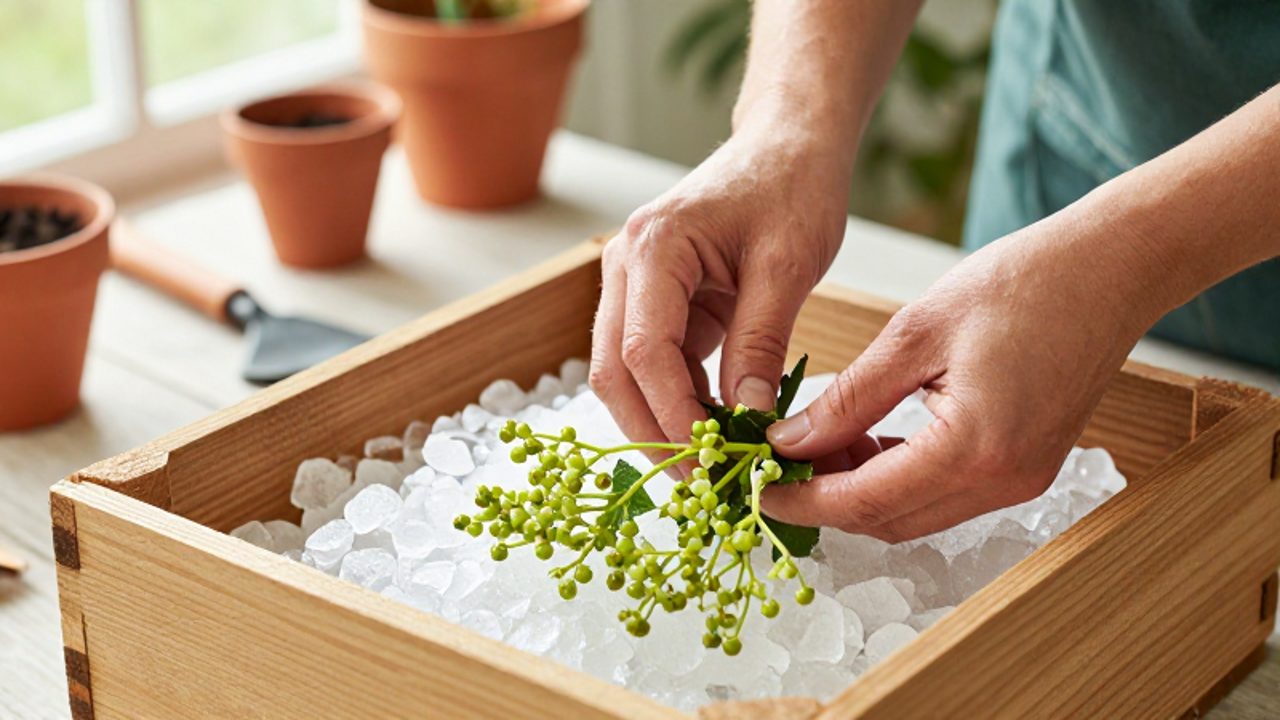 Manos de un jardinero colocando ramas de sauco con brotes hinchados en una caja de madera llena de hielo picado para su refrigeración.