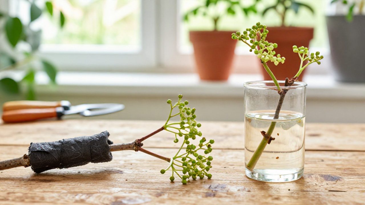 Dos ramas de sauco comparan métodos de estimulación: una envuelta en tela térmica y otra sumergida en un recipiente con agua y nutrientes sobre un banco de jardín.