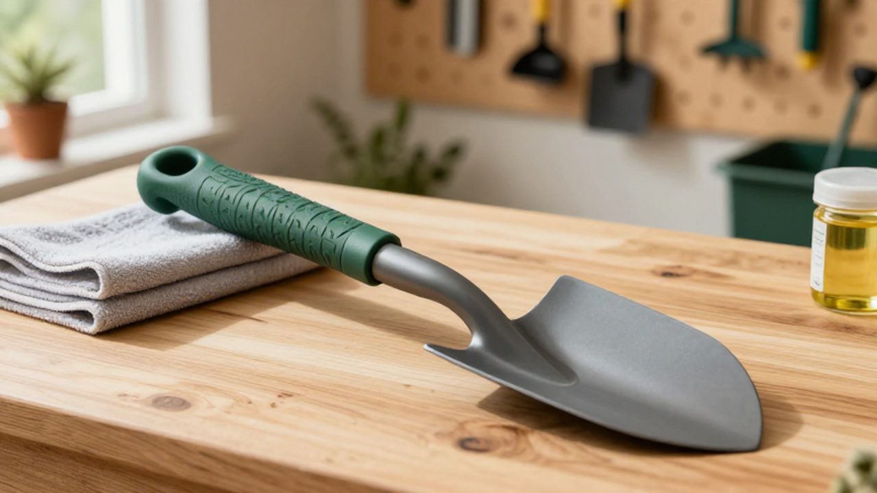 Una pala de fibra de vidrio con mango texturizado reposa sobre un banco de madera junto a un paño de limpieza y aceite, sugiriendo su mantenimiento.