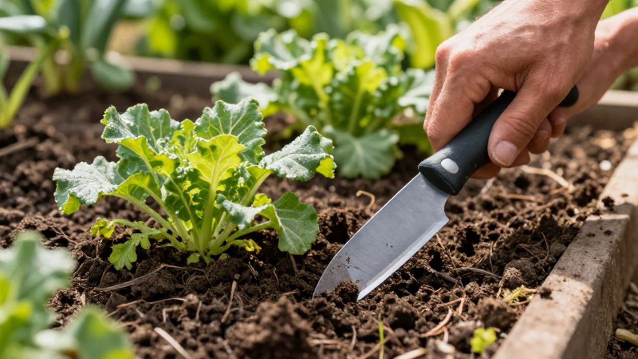 Unas manos usan un cuchillo de acero para cortar malas hierbas en un lecho de cultivo de tierra oscura y húmeda.