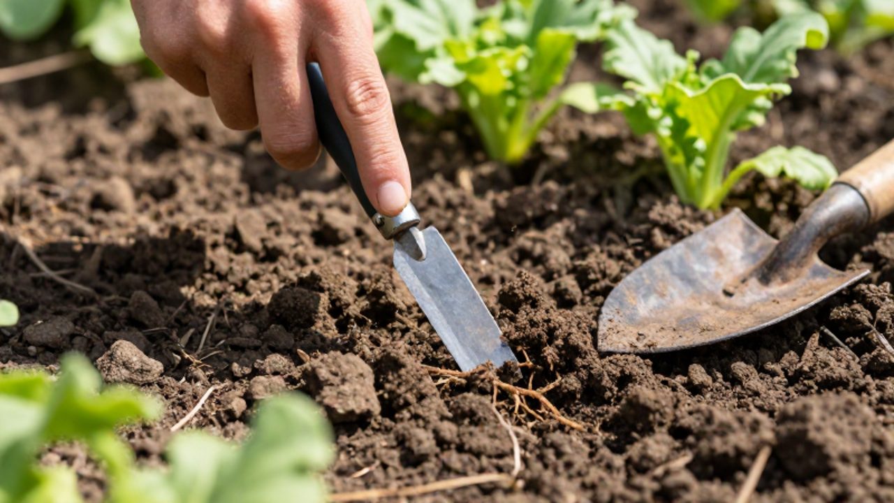 Una mano de jardinero intenta extraer una maleza de raíz profunda en un suelo seco y compactado con un pequeño cuchillo de deshierbe.