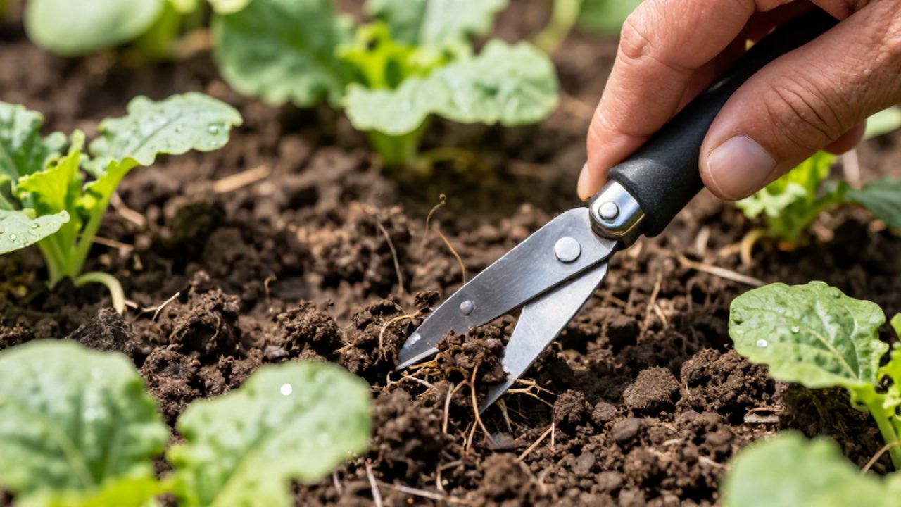 Unas manos de jardinero utilizan un cuchillo de acero para extraer malas hierbas de la tierra húmeda en un huerto.