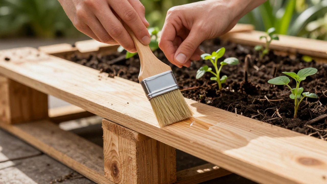 Manos aplicando sellador protector sobre la madera de un palet que se utiliza como cama de cultivo con tierra y plantas pequeñas.