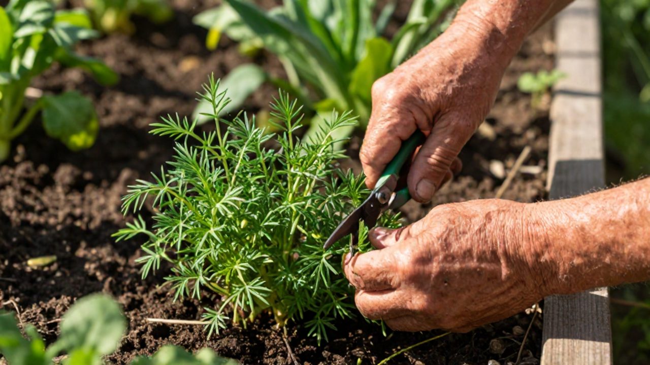 Manos de un jardinero recolectando ramas de estragón verde con unas tijeras en un huerto soleado.