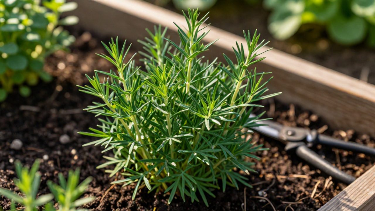 Primer plano de una planta de estragón de hojas verdes y finas creciendo en un huerto orgánico junto a unas tijeras de podar.