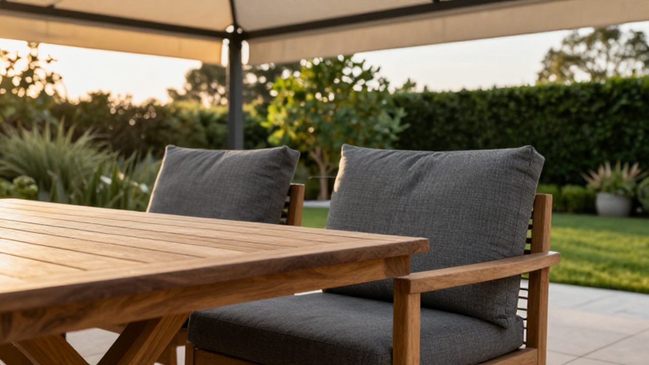 Primer plano de una mesa de madera de teca con cojines gris antracita situados bajo una pérgola con toldo en una terraza moderna.