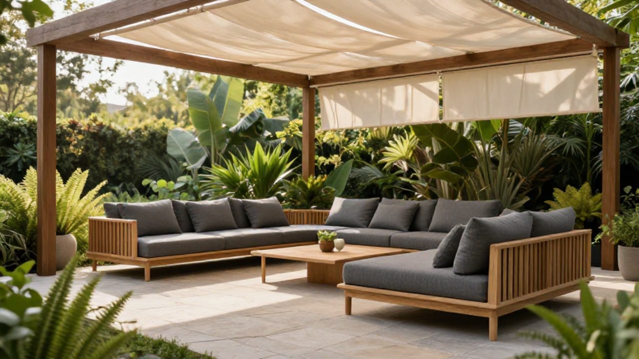 Conjunto de sofás modulares grises con detalles en madera bajo una pérgola con toldo retráctil en una terraza rodeada de vegetación.