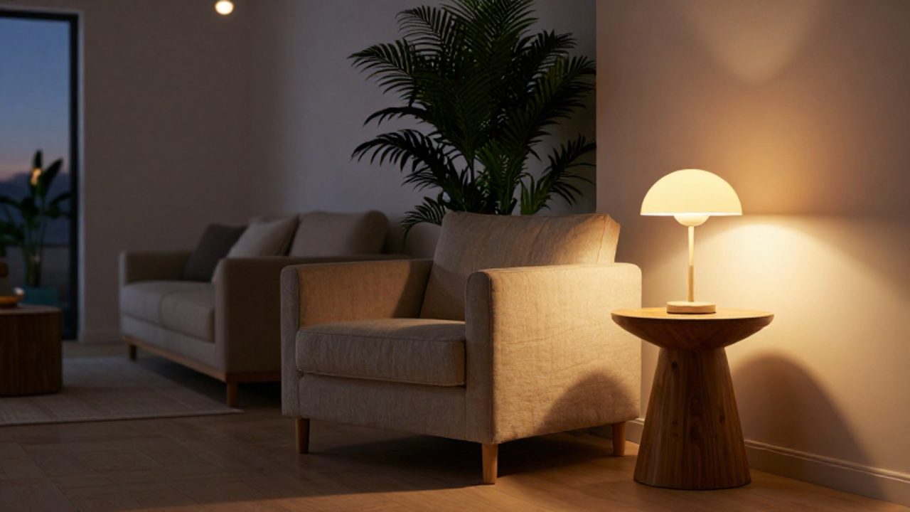 Rincón acogedor de un salón con un sillón de lino junto a una lámpara de lectura de luz cálida y una planta iluminada suavemente al fondo.