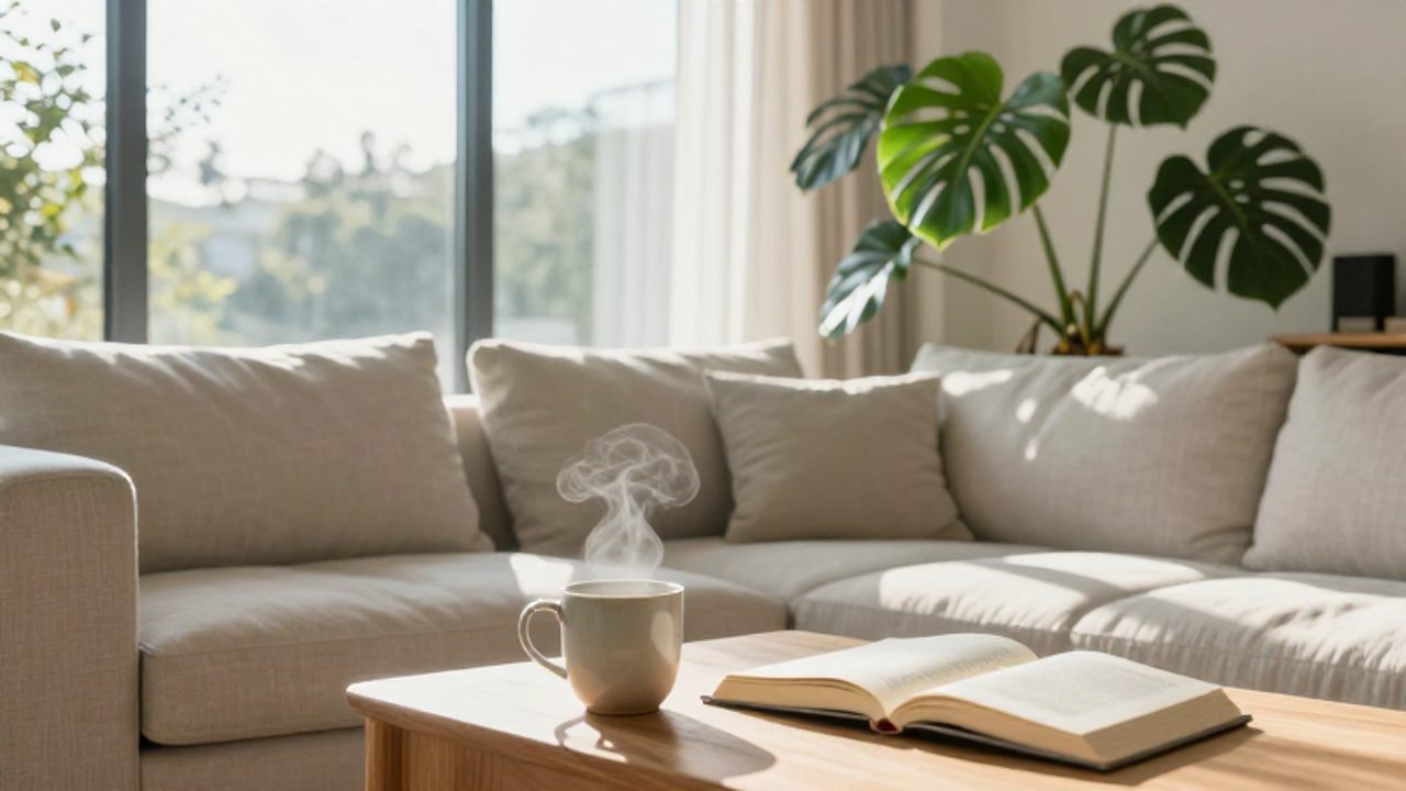 Luz natural de la mañana iluminando un rincón de lectura acogedor con un sofá de lino, plantas y una mesa de madera con un libro y una taza.