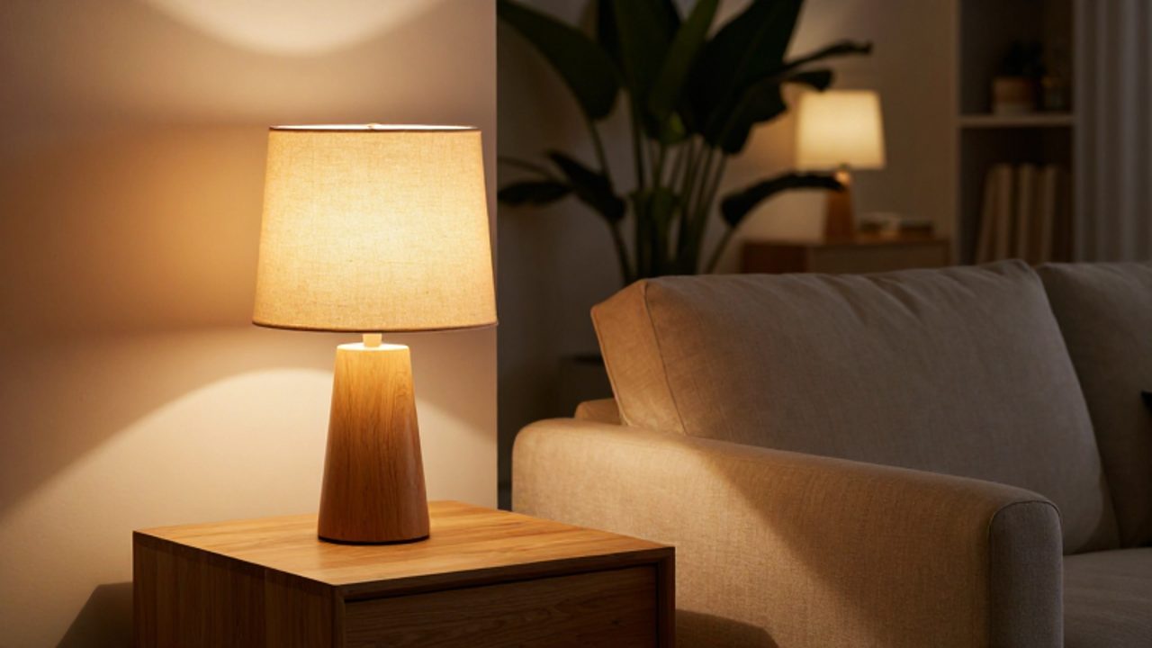 Rincón de un salón moderno con un sillón de tela junto a una lámpara de mesa que emite una luz cálida y suave sobre una mesa de madera.