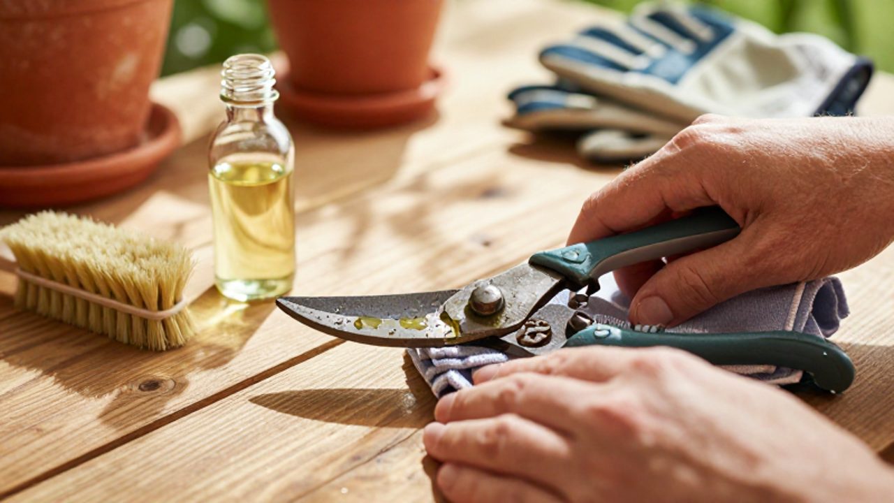 Unas manos aplican aceite con un paño sobre las cuchillas de unas tijeras de podar de acero sobre un banco de madera.