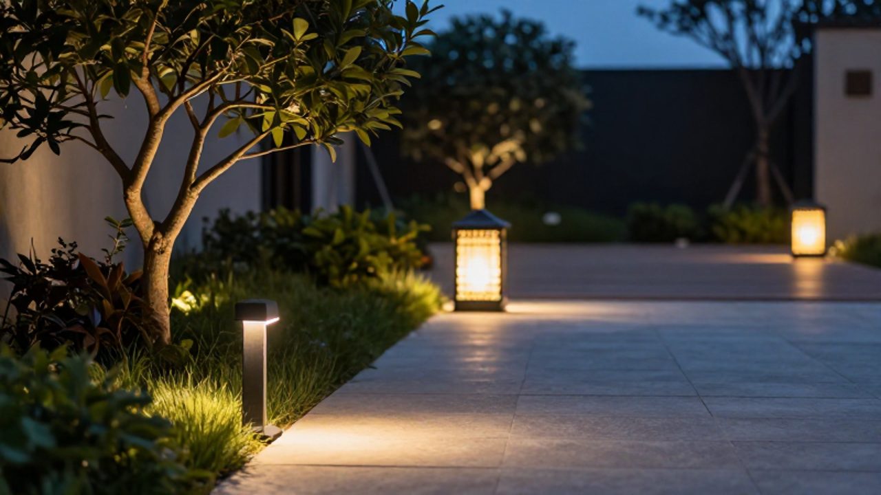 Distintos tipos de luminarias exteriores, incluyendo focos LED en un sendero de piedra, faroles en una terraza de madera y luces ascendentes en un árbol, integradas en un jardín moderno al atardecer.