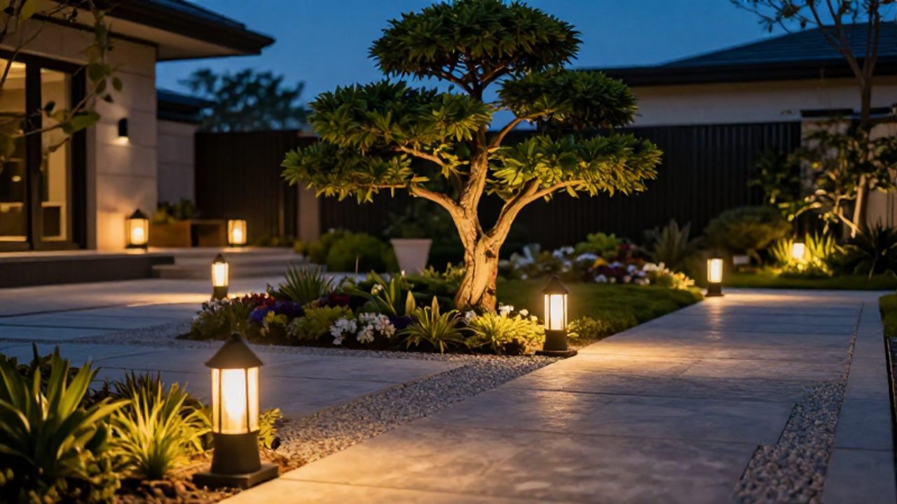 Luces LED cálidas iluminan un camino de grava en un jardín moderno durante el crepúsculo, resaltando la vegetación y un árbol ornamental.