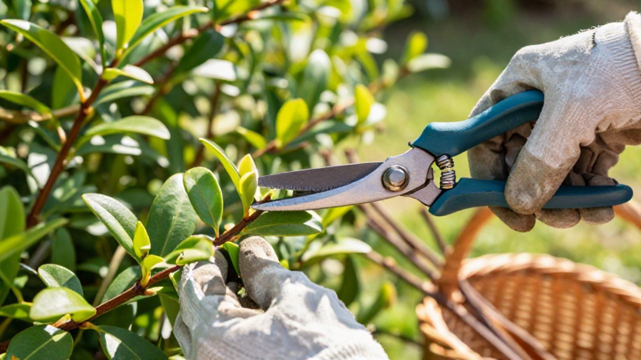 Unas manos con guantes utilizan tijeras de podar para realizar un corte limpio en la rama de un arbusto verde en un jardín.