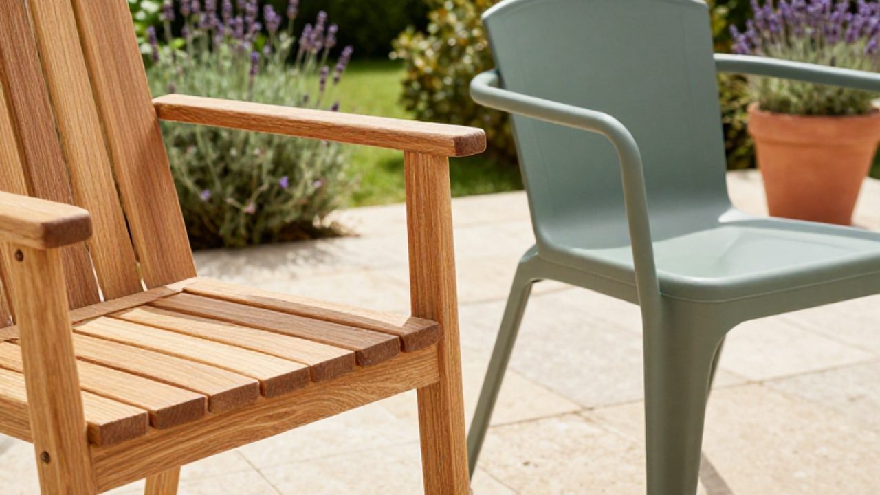 Primer plano de una silla de madera de teca junto a una de aluminio mate sobre un patio de piedra con plantas de fondo.