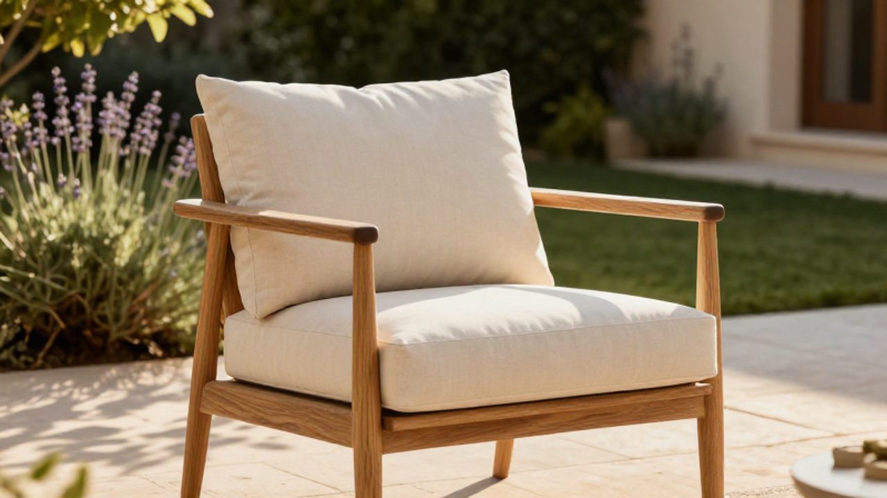 Silla de jardín de madera de teca con cojines de color crema situada en un patio de piedra rodeado de vegetación.