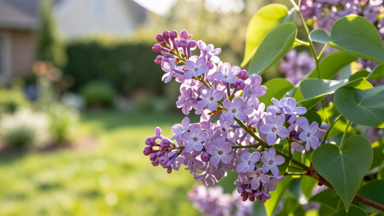 Rama de un arbusto de lilas con flores de color púrpura claro y hojas verdes sanas bajo la luz del sol.