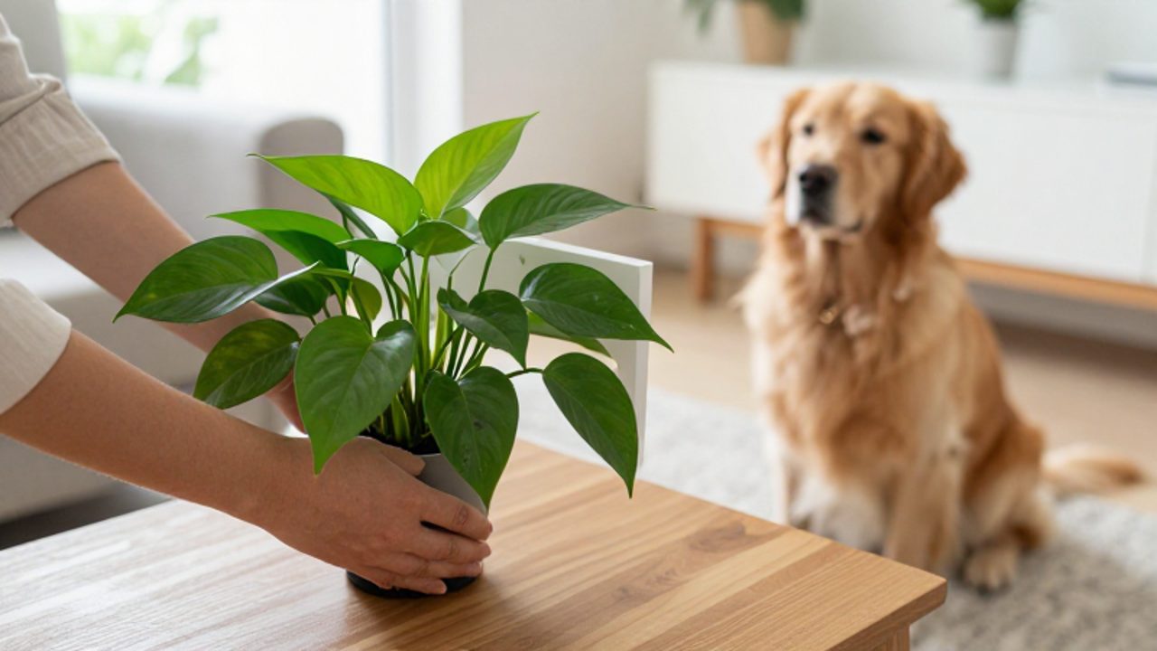 Una persona coloca una planta potos en un estante alto fuera del alcance de un perro dorado que observa desde el suelo.