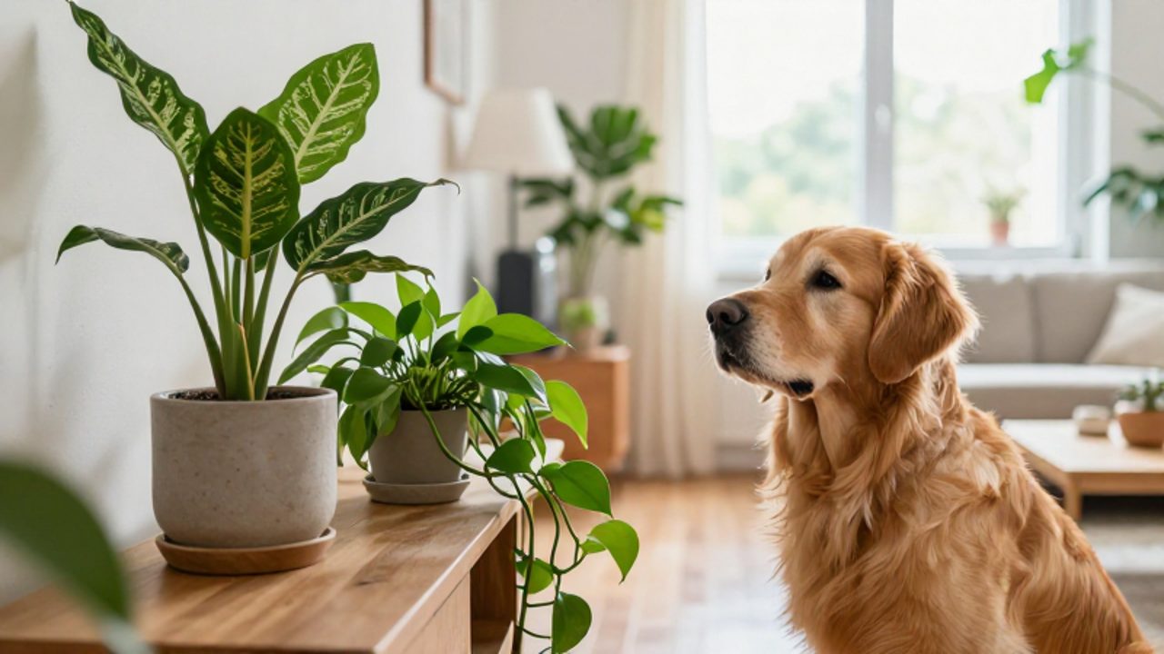 Un perro Golden Retriever observa con curiosidad un conjunto de plantas de interior, como una Dieffenbachia y un Pothos, situadas sobre un mueble en una sala iluminada.