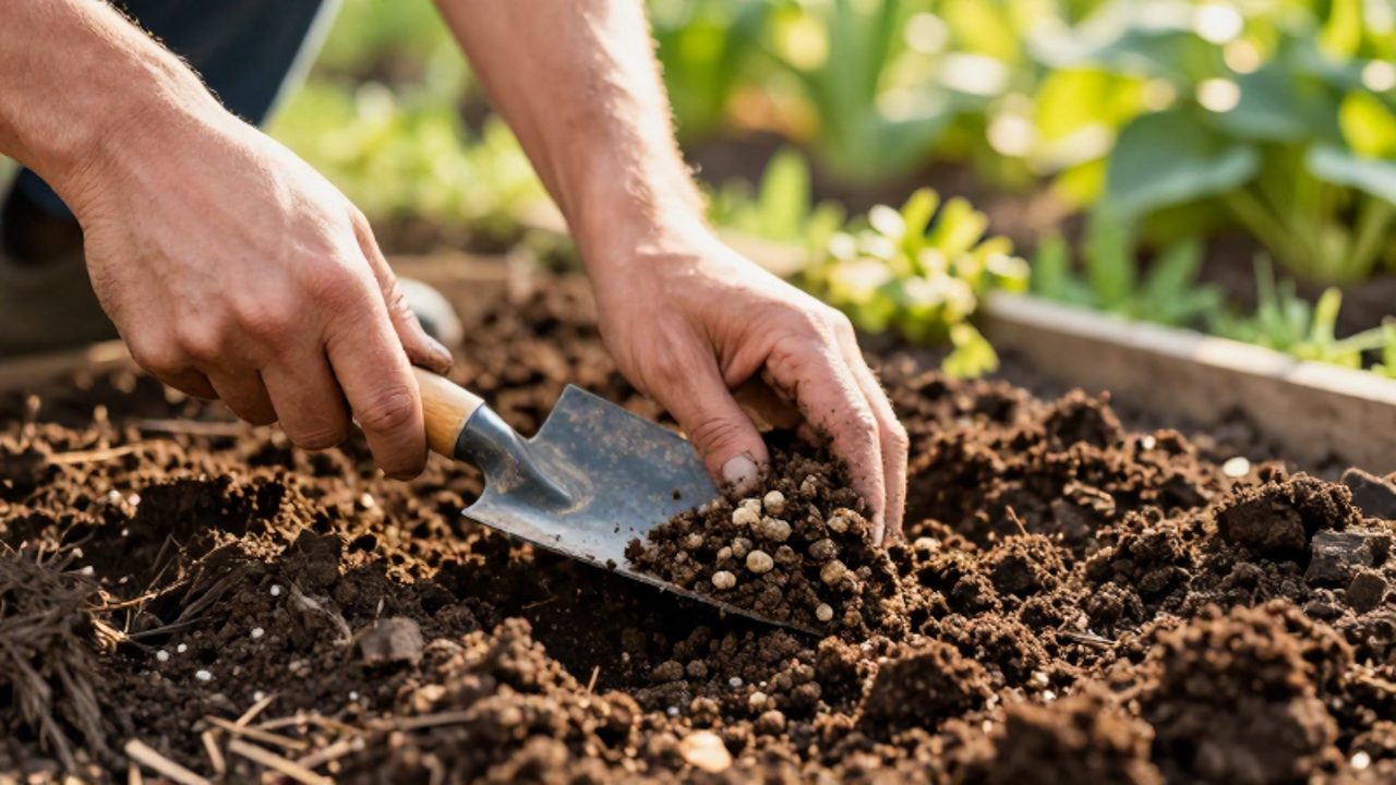 Manos con una pequeña paleta mezclando compost y arena en un suelo limoso para mejorar su textura y drenaje.