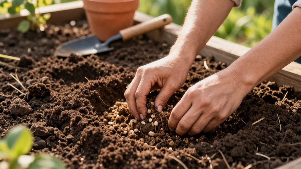 Manos de un jardinero mezclando compost orgánico y grava en suelo limoso para mejorar su textura y drenaje.