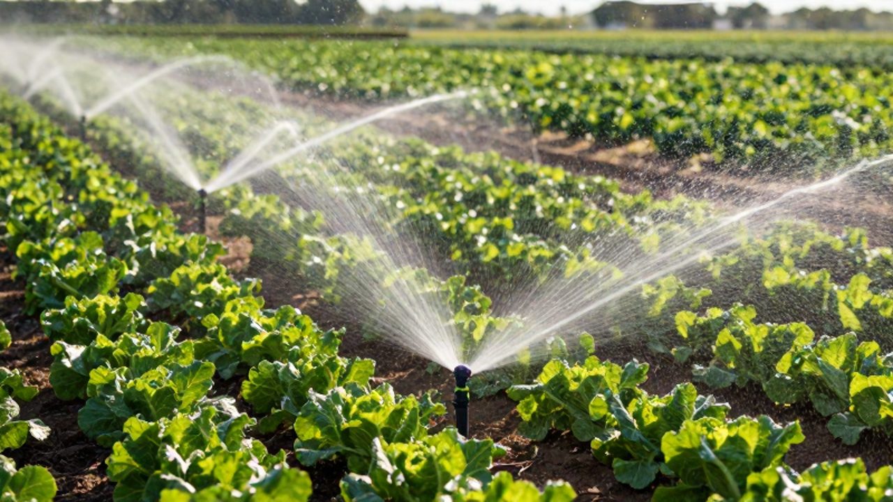 Aspersores automáticos distribuyen chorros de agua en arcos sobre los surcos de un huerto de cultivos verdes bajo la luz del sol.