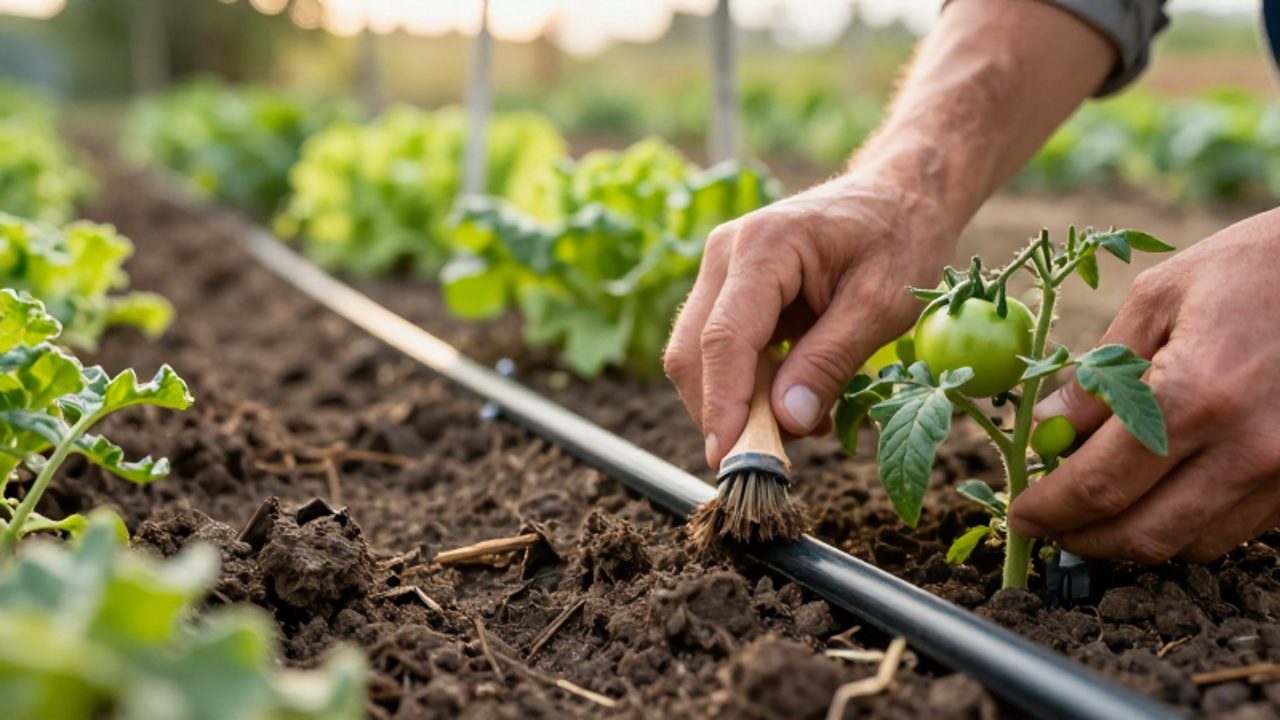 Unas manos limpian con un pequeño cepillo un microemisor de una línea de riego por goteo junto a una planta de tomate en un huerto.
