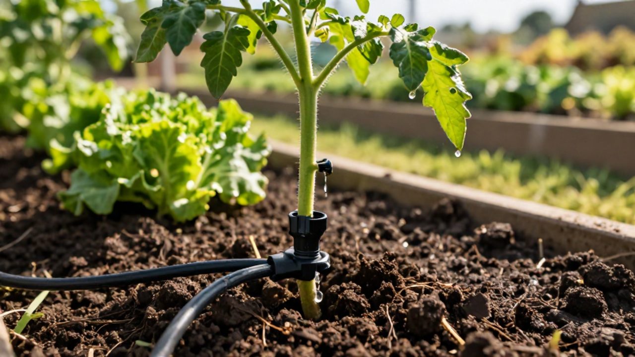 Un gotero de riego automático libera una gota de agua en la base de una planta de tomate en un huerto orgánico.