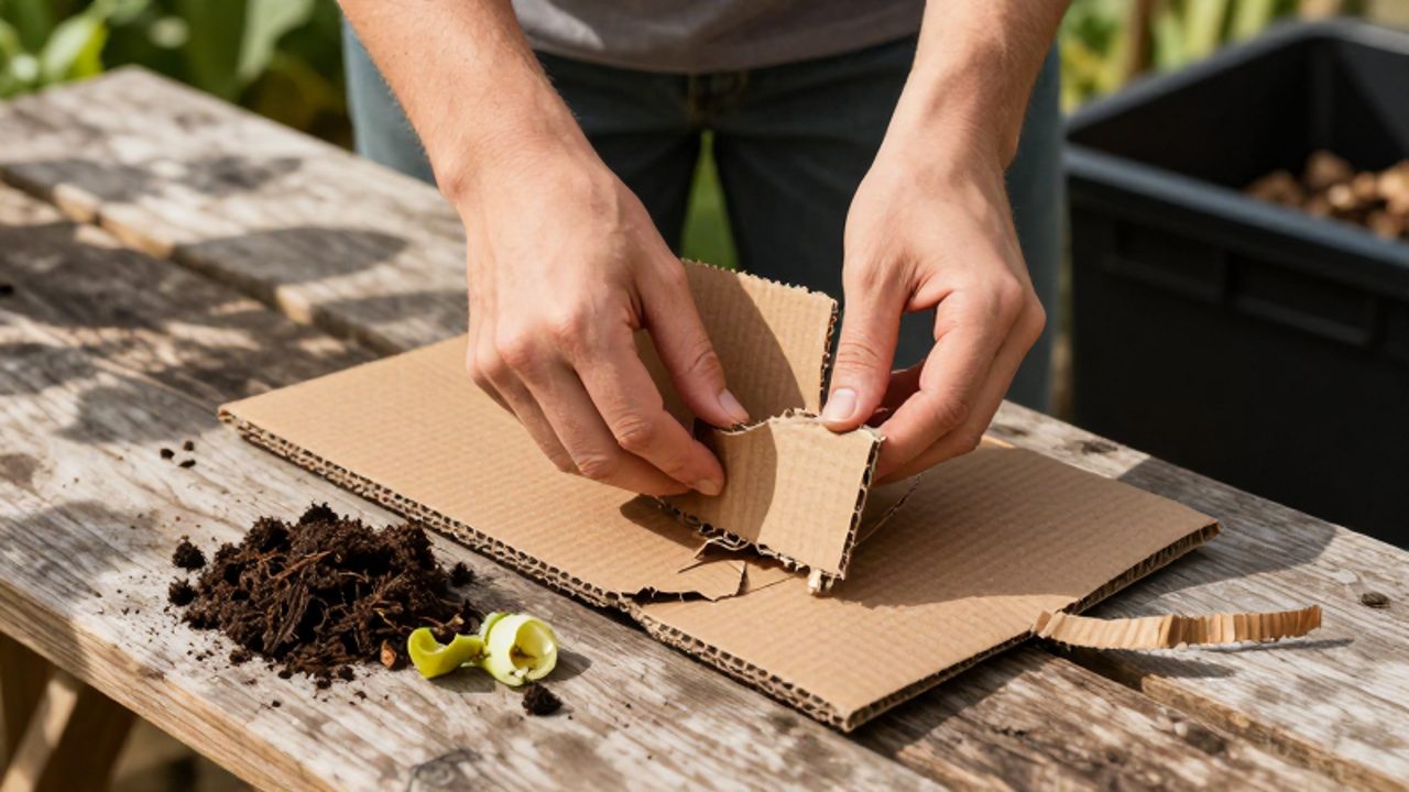 Unas manos trocean cartón marrón en trozos pequeños sobre un banco de madera junto a restos vegetales y tierra para preparar el compost.