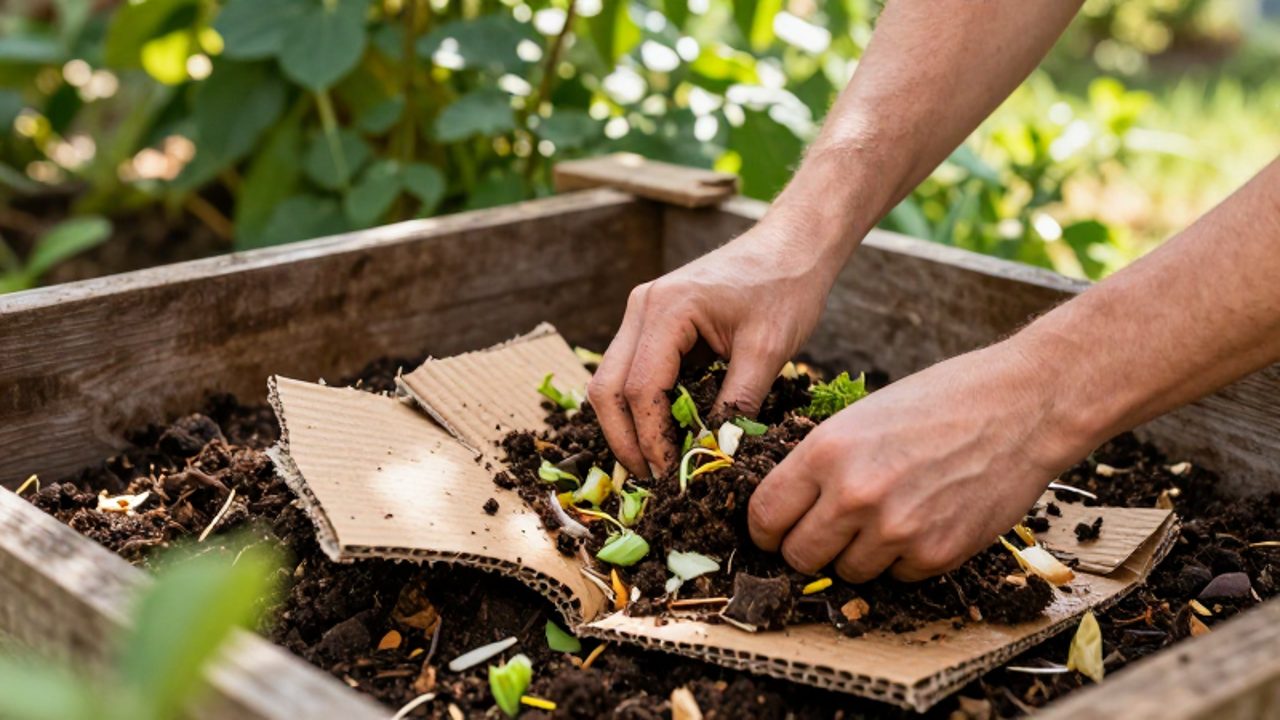 Unas manos mezclan trozos de cartón corrugado con tierra y restos de vegetales dentro de un cajón de compostaje en un jardín.