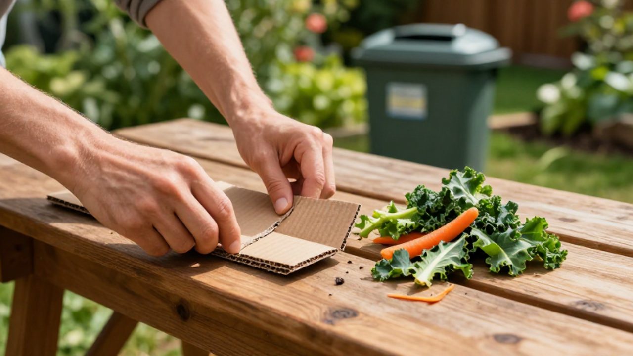 Unas manos trocean cartón ondulado en tiras pequeñas sobre un banco de madera, junto a restos de vegetales verdes para preparar el compost.