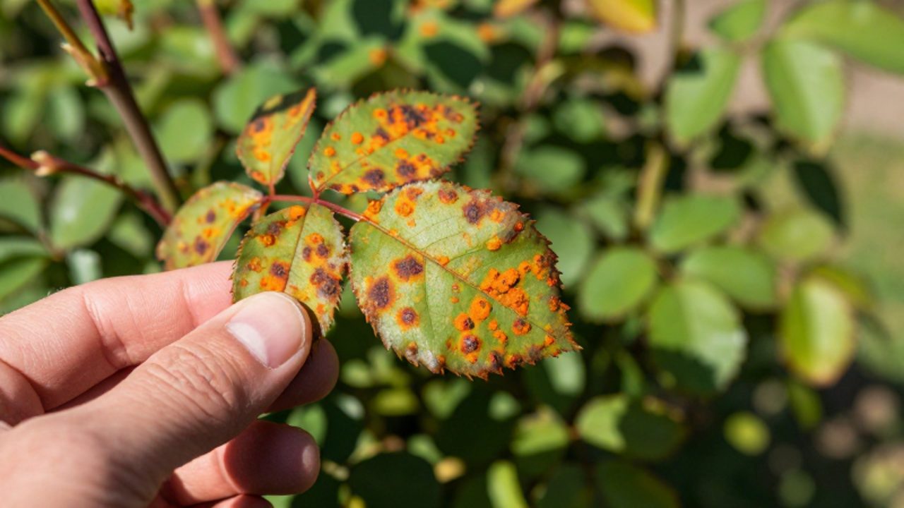 Una mano de jardinero sostiene una hoja de rosal para mostrar las pústulas de color naranja y las manchas marrones causadas por la roya.