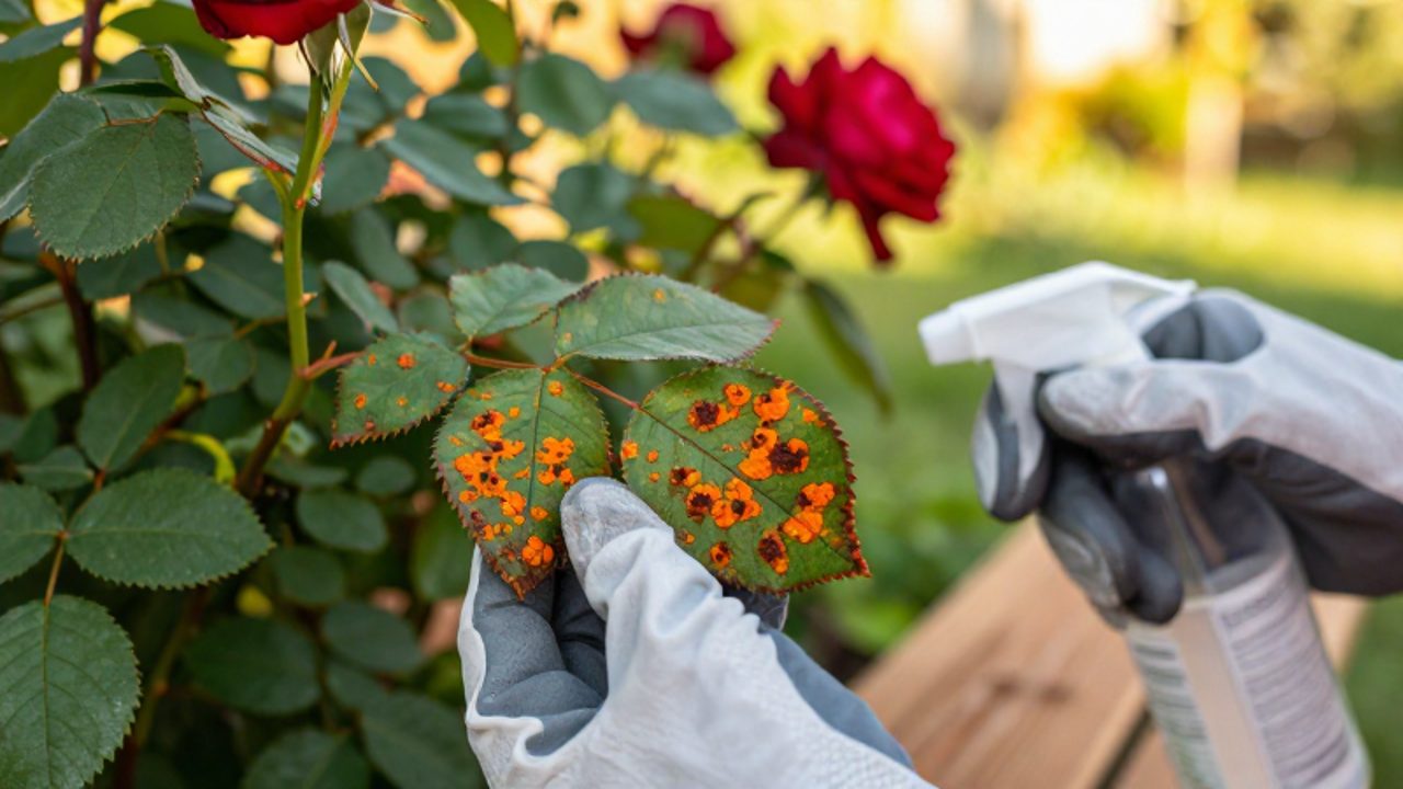 Unas manos con guantes inspeccionan el envés de una hoja de rosal para identificar las pústulas de color naranja causadas por la roya.
