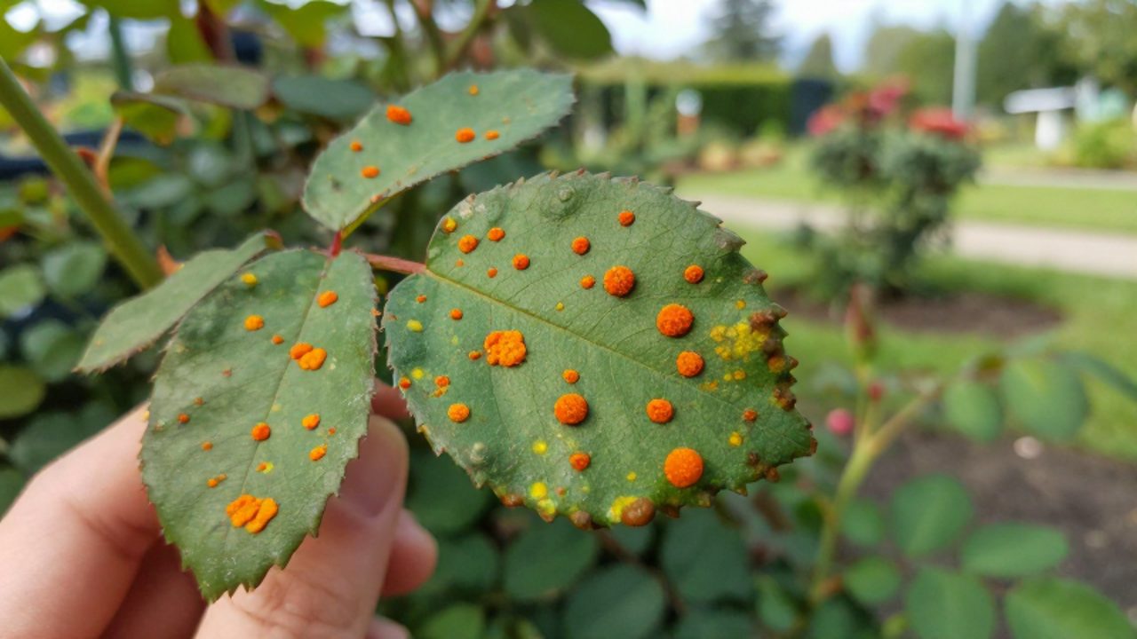 Una mano inspecciona de cerca las pústulas de color naranja brillante causadas por la roya en el envés de una hoja de rosal.