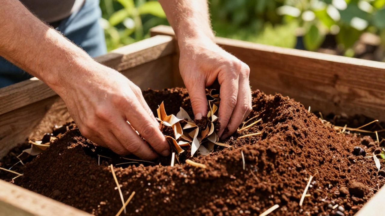 Unas manos mezclan posos de café y filtros de papel con hojas secas y paja dentro de un compostador de madera en un jardín.