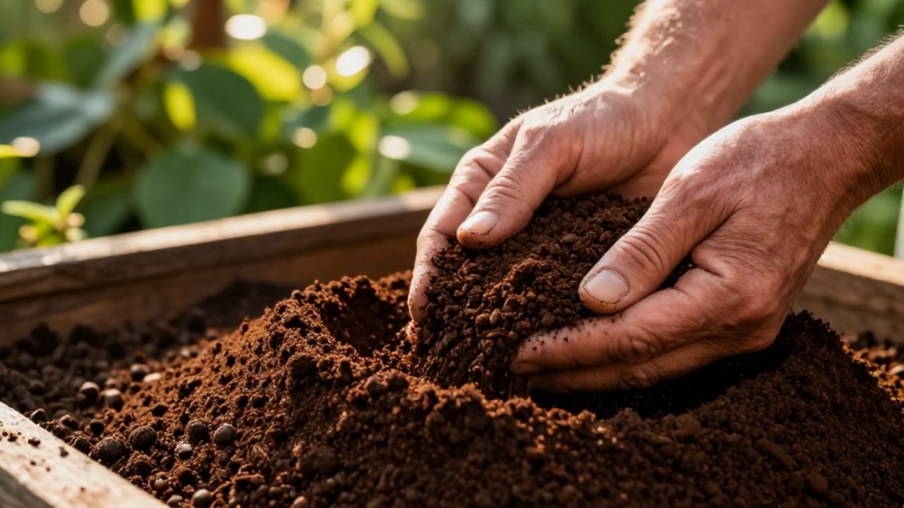 Manos de un jardinero mezclando posos de café con compost orgánico oscuro dentro de un contenedor de madera en un jardín.